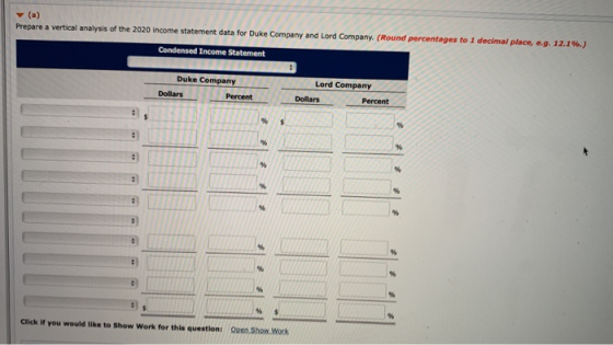 Prepare a vertical analysis of the 2020 income statement data for Duke Company and Lord Company (Round percentages to 1 decim