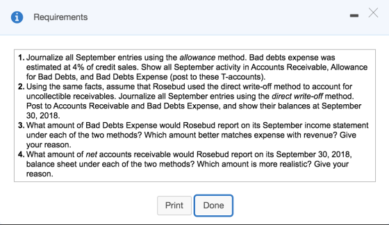 1 Requirements - X 1. Journalize all September entries using the allowance method. Bad debts expense was estimated at 4% of c