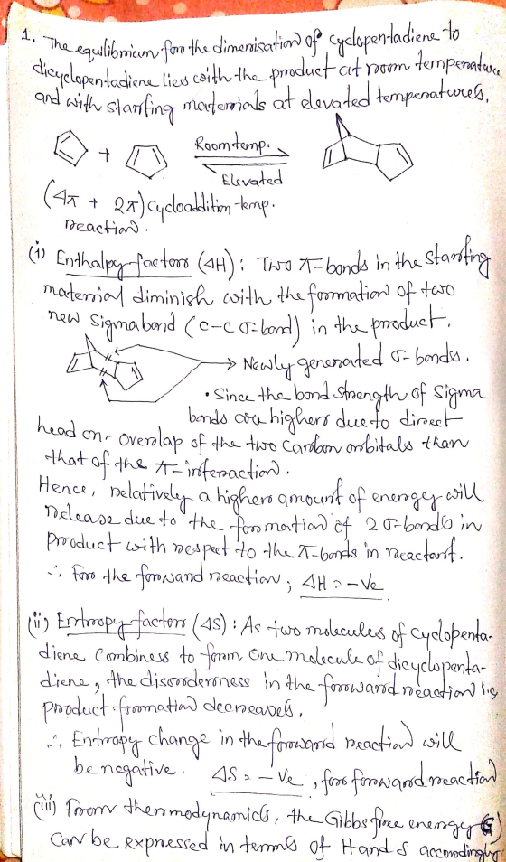 1. The equilib the equilibroicum foro the dimerisation of Cyclopen-ladiene to heuyclopentadiene lieu coith the produet at roo