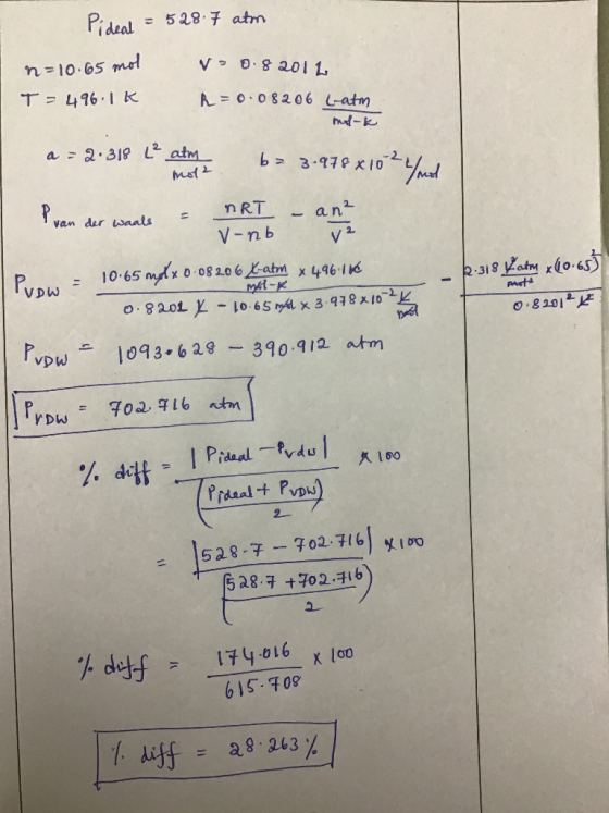 Pideal = 528 7 atm vo 0.8 2011. n=10.65 mol T = 496.1K R=0.08206 L-atm mal-k a = 2.318 ² atm b= 3.978 x 10² /mnd more - an va