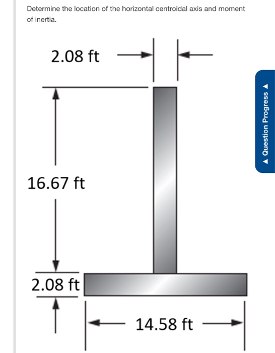 Determine the location of the horizontal centroidal axis and moment of inertia. 2.08 ft A Question Progress A 16.67 ft 2.08 f