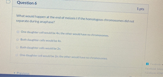 Question 6 1 pts What would happen at the end of meiosis lif the homologous chromosomes did not separate during anaphase? One