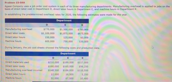 Problem 15-04A Agassi Company uses a job order cost system in each of its three manufacturing departments Manufacturing overh