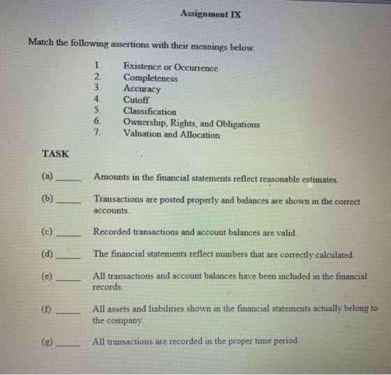 Assignment IX Match the following assertions with their meanings below. AWN- Existence or Occurrence Completeness Ассасу Cuto