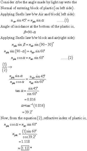 Consider abe the angle made by light ray wrto the Normal of entering block of plastic on left side) Applying Snells law b/w A