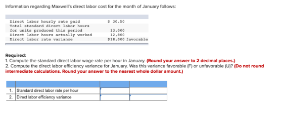 Information regarding Maxwells direct labor cost for the month of January follows: Direct labor hourly rate paid Total stand