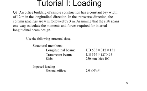 Tutorial l: Loading Q2: An office building of simple construction has a constant bay width of 12 m in the longitudinal direct