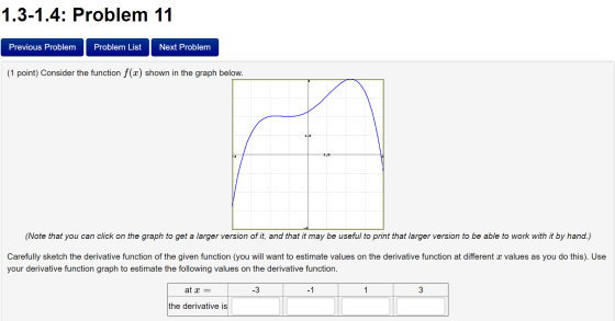 1.3-1.4: Problem 11 Previous Problem Problem List Next Problem (1 point) Consider the function f(x) shown in the graph below.
