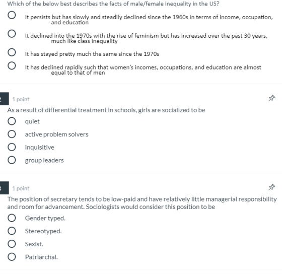 Which of the below best describes the facts of male/female inequality in the US? It persists but has slowly and steadily decl