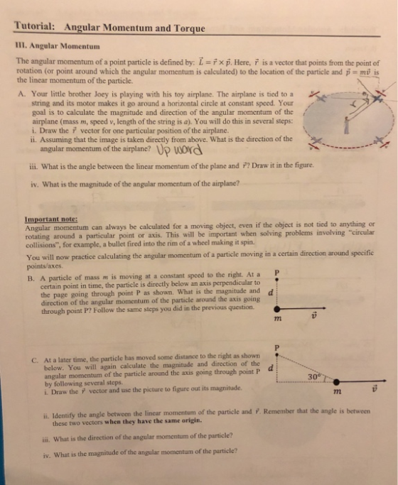 Tutorial: Angular Momentum and Torque III. Angular Momentum The angular momentum of a point particle is defined by: L = ixp.
