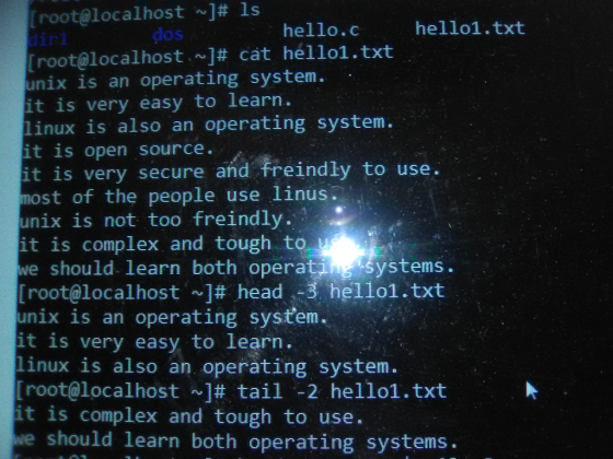 [root@localhost ~]# ls dos hello. c hello1.txt [root@localhost.~]# cat hello1.txt unix is an operating system. it is very eas