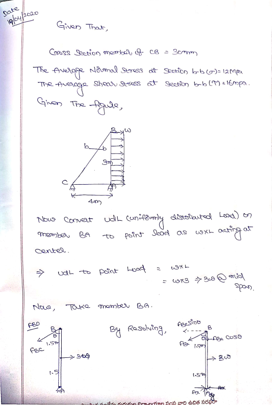 Date 19|04|2020 Given That, Cooss Seccion member of CB - 30 mm The Average Normal Stress at Section bb (o)= 12 MP The average