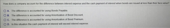 How does a company account for the difference between interest expense and the cash payment of interest when bonds are issued