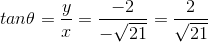tan\theta=\frac{y}{x}=\frac{-2}{-\sqrt{21}}=\frac{2}{\sqrt{21}}