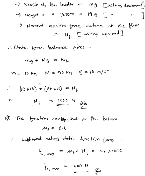 Мо Г. и 10 - height of the ladder mg [acting down hand) → Weight person ] → Normal reaction force acting at the floor N. [act