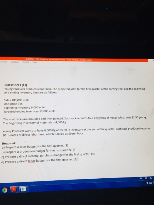 QUESTION 1 POR FINANCIAL MANAGEMENTOcx Word Product Activation Failed ERENCES MALING BEVIEW VIEW QUESTION 1 (15) Young Produc