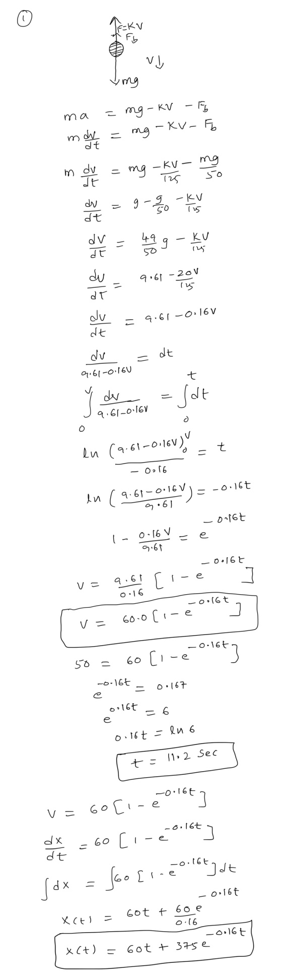 TEKU of Fb Ing ma = mg - kV - F 333 du = mg -kv-F 장 하능 위봉 히능 능하분히 = g - 쁜 용는 뺥 봉 car = 4.6 -0.16v du - dt | 160 어 (-0.160 v d