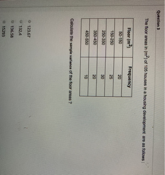 Question 3 The floor areas in (m2) of 105 houses in a housing development are as follows: Floor (m2) Frequency 50-150 20 150-