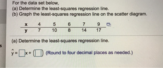 For the data set below, (a) Determine the least-squares regression line. (b) Graph the least-squares regression line on the scatter diagram. 6 7 y 7 10 8 14 17 (a) Determine the least-squares regression line. (Round to four decimal places as needed.)