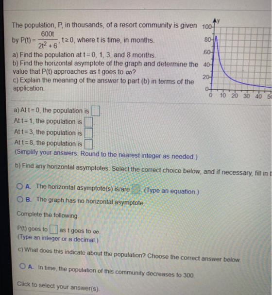 21² + 6 Ay The population, P, in thousands of a resort community is given 100 600t by P(t) = t20, where t is time, in months.