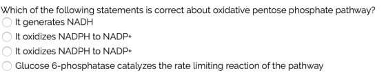 Which of the following statements is correct about oxidative pentose phosphate pathway? o It generates NADH O It oxidizes NAD