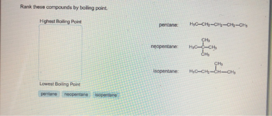 Rank these compounds by boiling point. Highest Boiling Point pentane: HyC-CH2-CH2-CH2-CHg neopentane: CH3 Hac-C-CH, CHI isope