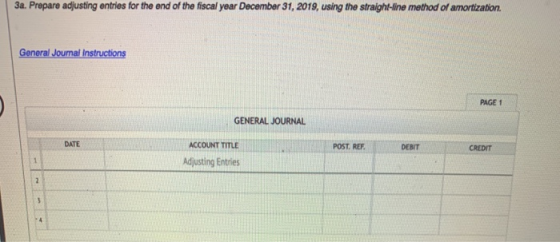 3a. Prepare adjusting entries for the end of the fiscal year December 31, 2019, using the straight-line method of amortizatio