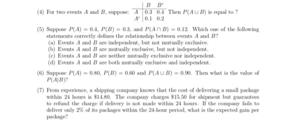 B Bc (4) For two events A and B, suppose: A 0.3 0.4 Then P(AUB) is equal to? Ac 0.1 0.2 (5) Suppose P(A) 0.4, P(B) 0.3, and P(An B) 0.12. Which one of the following statements correctly defines the relationship between events A and B? (a) Events A and B are independent, but not mutually exclusive (b) Events A and B are mutually exclusive, but not independent cEvents A and B are neither lly exclusive nor independent (d) Events A and B are both mutually exclusive and independent (6) Suppose P(A) 0.80, P(B)0.60 and P(AUB)-0.90. Then what is the value of P(A|B)? (7) From experience, a shipping company knows that the cost of delivering a small package within 24 hours is $14.80. The company charges $15.50 for shipment but guarantees to refund the charge if delivery is not made within 24 hours. I the company fails to deliver only 2% of its packages within the 24-hour period, what is the expected gain per package?