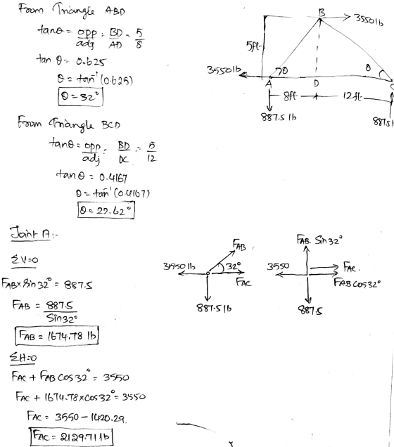 B > 35solb AD From Triangle ABD tano = opp BD 5 ads 8 tan o= 0.625 Os toni(0.625) 0=32 5fl- 3550lb 70 А D. 8ff- 1241 887.5 lb