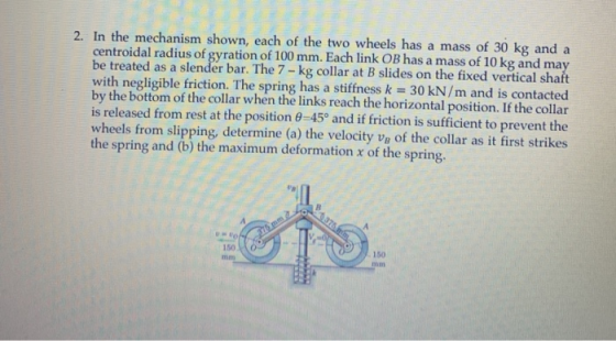 2. In the mechanism shown, each of the two wheels has a mass of 30 kg and a centroidal radius of gyration of 100 mm. Each lin