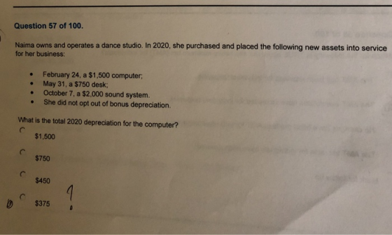 Question 57 of 100. Naima owns and operates a dance studio. In 2020, she purchased and placed the following new assets into s