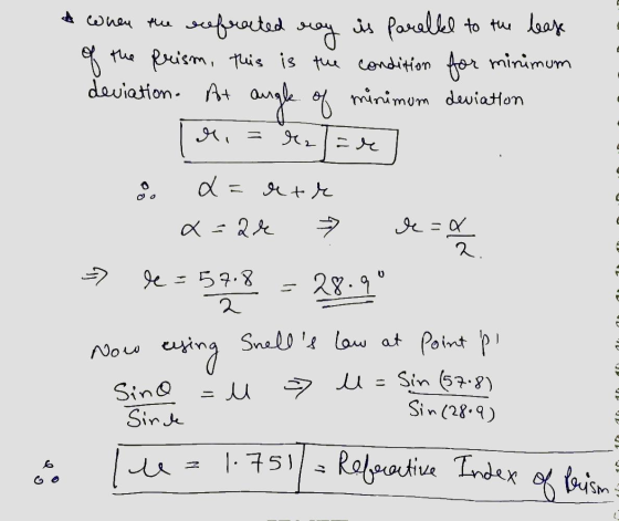 & when the the refrected may is parallel to the lease the prism, this is the condition for minimum deviation. At angle of min