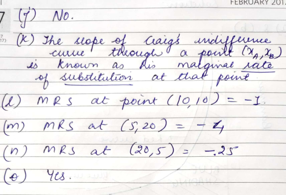 FEBRUARY 2012 7 10 No. in (K) The slope of Craigs indifference curve theough a poult ( x) is known as his marginal rate - of
