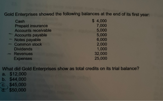 Gold Enterprises showed the following balances at the end of its first year: Cash $ 4,000 Prepaid insurance 7,000 Accounts re