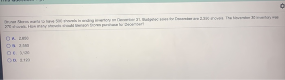 4OVPADD cULL Bruner Stores wants to have 500 shovels in ending inventory on December 31. Budgeted sales for December are 2,35