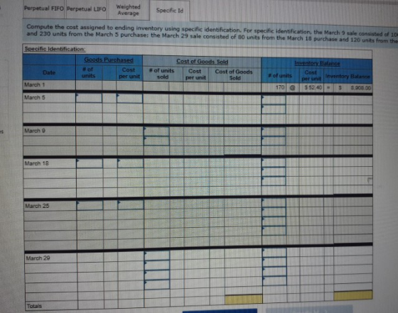 Perpetual FIFO Perpetual LIFO Weighted Average Specific Id Compute the cost assigned to ending inventory using specific ident