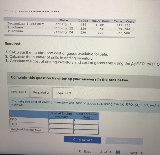 Date Units Unit Cost Total Cost Beginning Inventory Purchase January 1 January 15 January 24 $ 80 140 $11,200 29,700 27,500 3