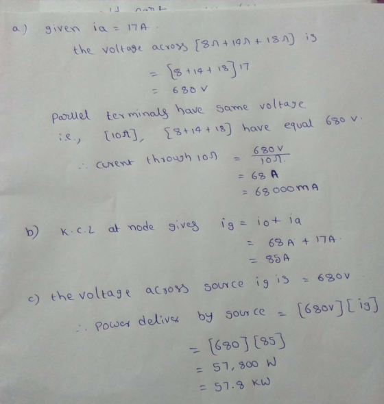 a) given ia=17A- the voltagaoys [33A) 680 Paolel teminals have Same voltaye is, [ion], Σ8t14+18] have equal 6gov. 68 A 63 ooo