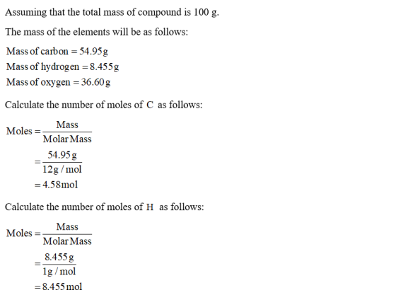 Assuming that the total mass of compound is 100 g. The mass of the elements will be as follows: Mass of caibon = 54.95g Mass