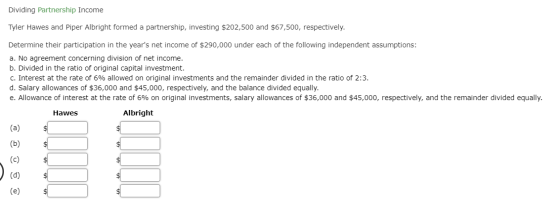 Dividing Partnership Income Tyler Hawes and Piper Albright formed a partnership, investing $202,500 and $67,500, respectively