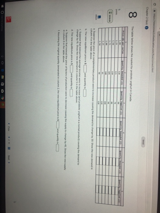 a. Suppose the price of a complementary product were to increase causing the demand to change by 30. Show the new demand in column 4 in the table above ь. The new equabrum price is $ and quantity is c Suppose that instead the average income were to increase (and probiotic yoghurt is a normal product change by 15. Show the new demand in column 5 in the table above