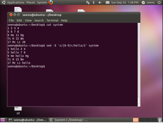 Applications Places System t↓ , sun sep 24, 1:38 PM aseenu d seenu@ubuntu: /Desktop File Edit View Search Terminal Help seenu