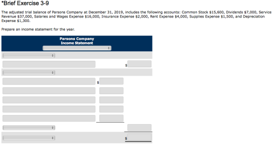Brief Exercise 3-9 The adjusted trial balance of Parsons Company at December 31, 2019, includes the following accounts: Common Stock $15,600, Dividends $7,000, Service Revenue $37,000, Salaries and Wages Expense $16,000, Insurance Expense $2,000, Rent Expense $4,000, Supplies Expense $1,500 and Depreciation Expense $1,300 Prepare an income statement for the year. Parsons Company Income Statement