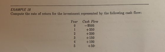 EXAMPLE 18 Compute the rate of return for the investment represented by the following cash flow: Year Cash Flow -$595 0 1 +25