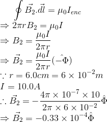 | + B.lt = Polene →2rr B. = lol > B = of * B. (-4) r = 6.0cm =6×10-Pm I = 10.04 了 B = -1 40 x 10-7 x 10. 20 x6x10-22 B = -0.3