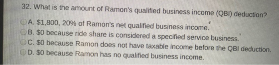32. What is the amount of Ramons qualified business income (QBI) deduction? OA. $1,800, 20% of Ramons net qualified busines