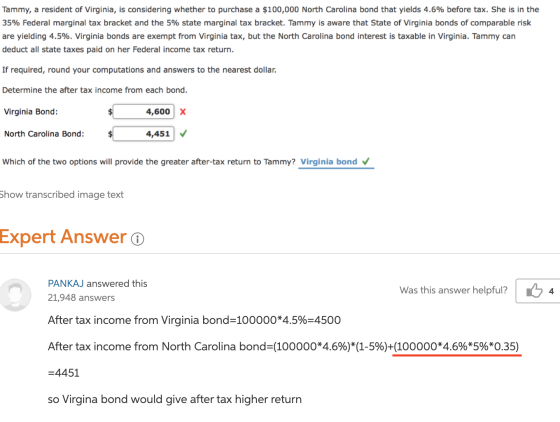 Tammy, a resident of Virginia, is considering whether to purchase a $100,000 North Carolina bond that yields 4.6% before tax.