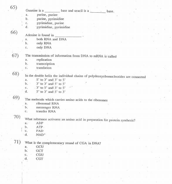 65) base. Guanine is a base and uracil is a purine. purine b. purine, pyrimidine pyrimidine, purine pyrimidine, pyrimidine d.