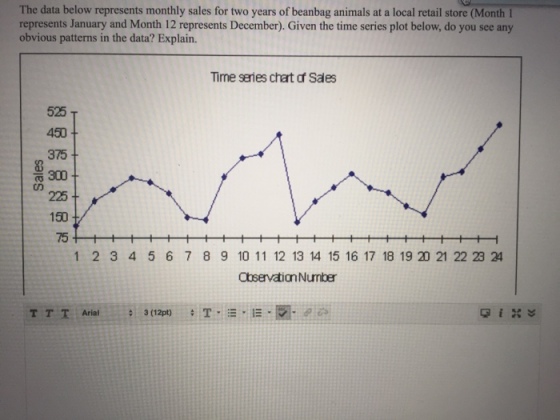 The data below represents monthly sales for two years of beanbag animals at a local retail store (Month I represents January and Month 12 represents December). Given the time series plot below, do you see any obvious patterns in the data? Explain. Time series chat Saes 525 ? 450 375 300 225 150 75 3 1 2 3 4567 8 9 10 11 12 13 14 15 16 17 18 19 20 21 22 23 24 Observation Number