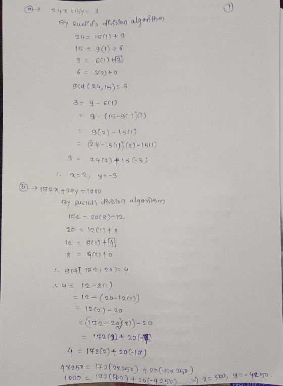 24x +15y= 3 Gy Guelids diislon algosthm 24= 15(1) +g 15 = 9(1)+ 6 9 = 61) +3] 6 = 3(2)+ 0 ged ( 24,15)= 3= 9- 6C1) = 9- (15-